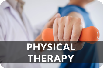 A patient holds their arm straight out from their side while holding a dumbbell, assisted by a physical therapist. The image links to the Physical Therapy page.