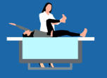 A drawing of a patient lying on a physical therapy table while a therapist helps him work on his leg exercises.