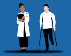 A drawing of a patient on crutches standing next to a physician with a clipboard