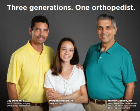 Advertising photo showing a teenage girl, her dad, and her grandfather, who are all patients of Murphy Wainer Orthopedics. The caption says, 'Three generations. One orthopedist.'