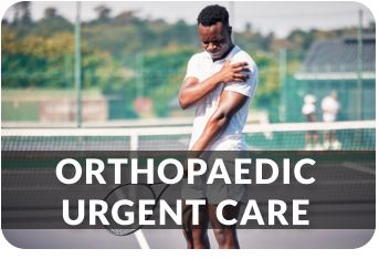 A man in tennis attire stands on a tennis court holding a tennis racquet in his left hand, and holding his left shoulder with his right hand. The image is linked to the Orthopaedic Urgent Care page.