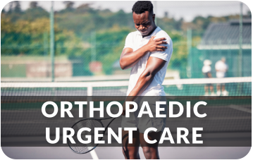 A man in tennis attire stands on a tennis court holding a tennis racquet in his left hand, and holding his left shoulder with his right hand. The image is linked to the Orthopaedic Urgent Care page.