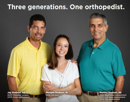 Advertising photo showing a teenage girl, her dad, and her grandfather, who are all patients of Murphy Wainer Orthopedics. The caption says, 'Three generations. One orthopedist.'